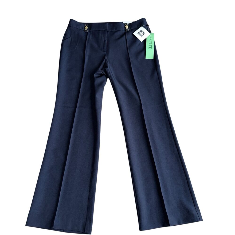 Anne Klein Navy Flare Work Pants 8P Petite Navy Blue Flat Front Office Trousers